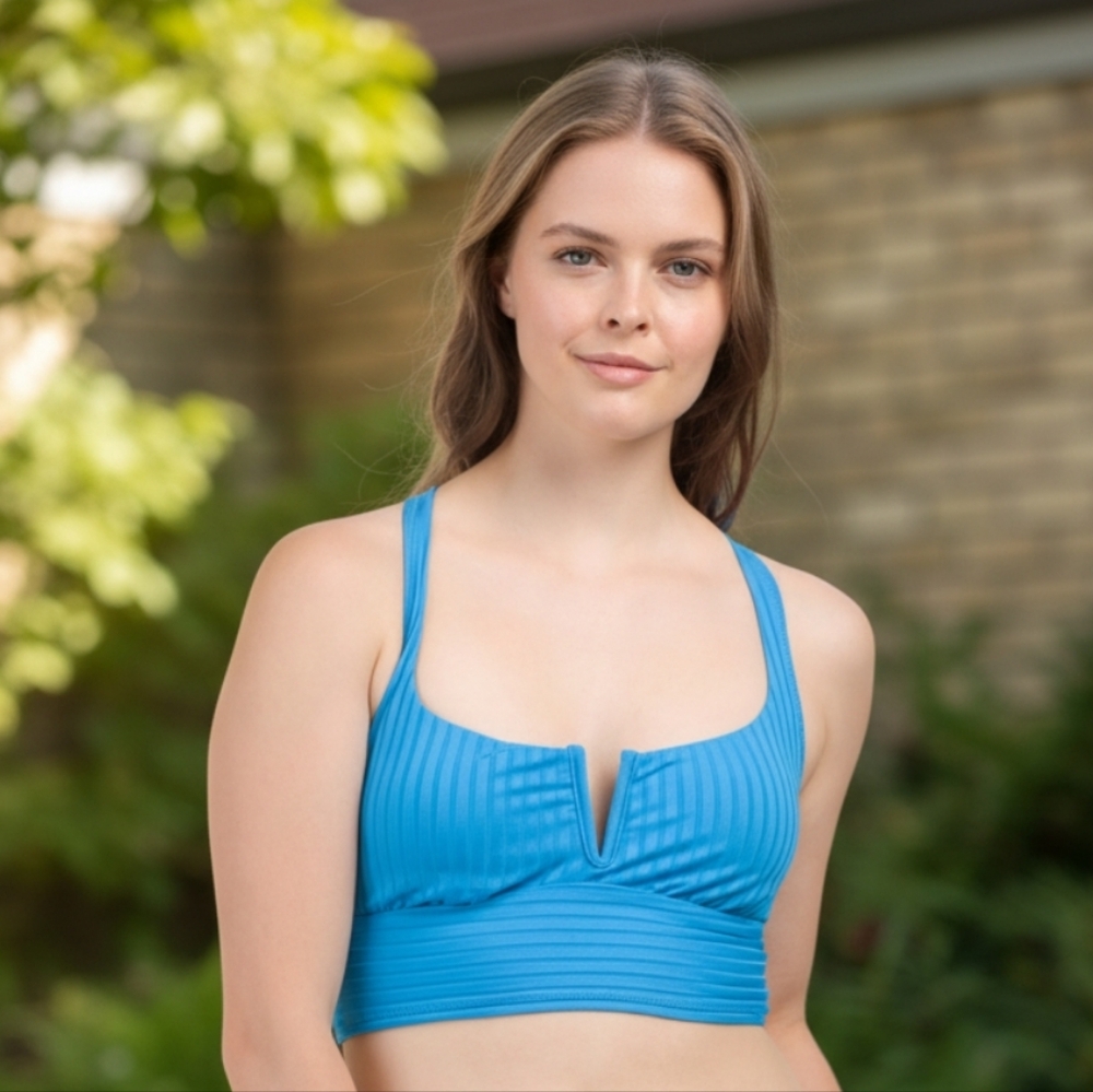 NWT Sanctuary Blue Women's Rib Vwire Crop Racer Swimwear Sizes-Small And Medium